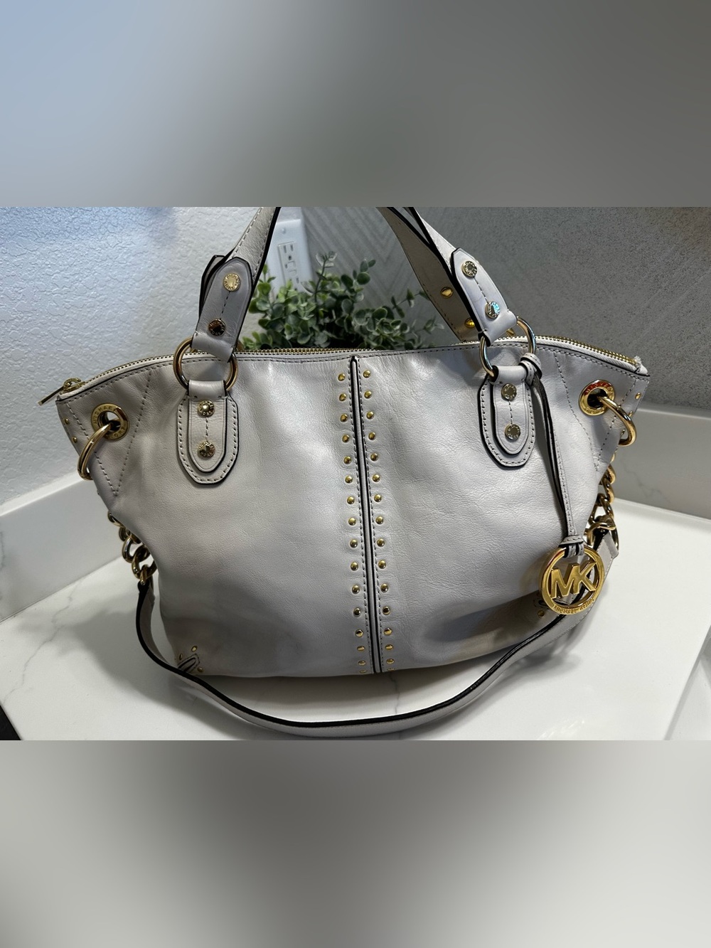 MICHAEL KORS Women's Cream Leather Gold Stud-Trim Shoulder Bag